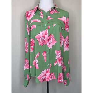 Green Pink Flowy Blouse Sz Large Preppy Career